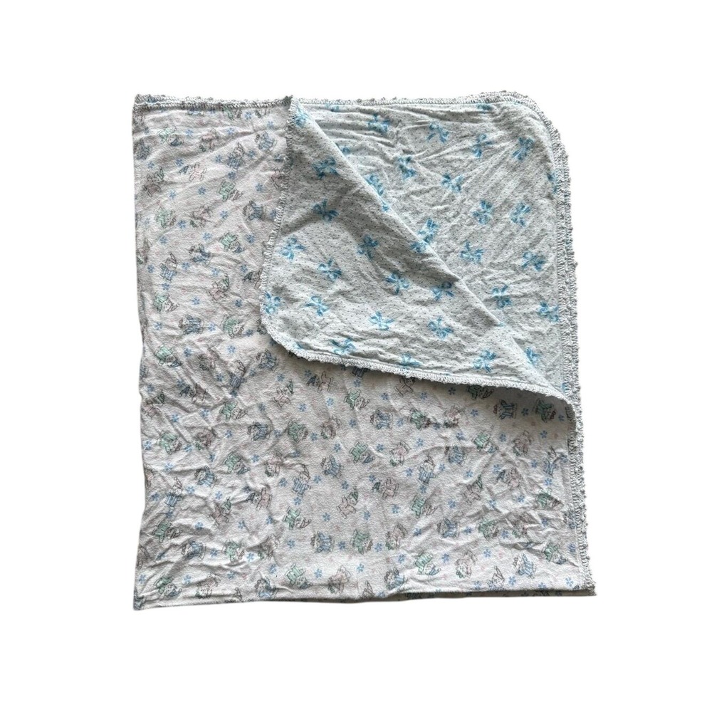Vintage Reversible Baby Blanket Blue Bow Polka Dot Sleepy Bear Crochet Trim Kids